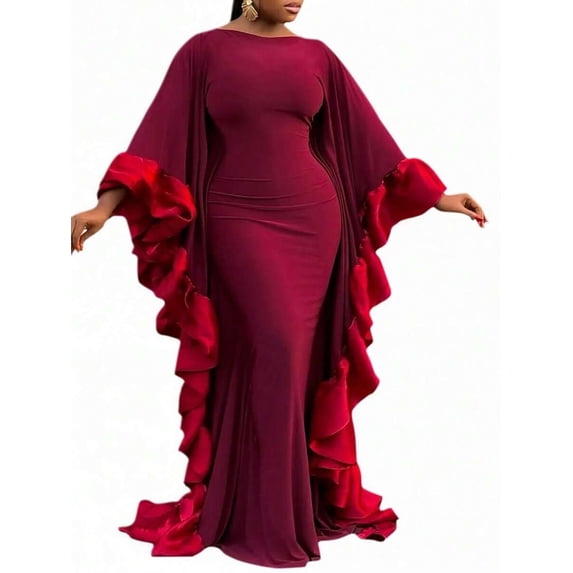 Red Long Evening Gown With Dramatic Ruffle Cape Sleeve For Special Occasions