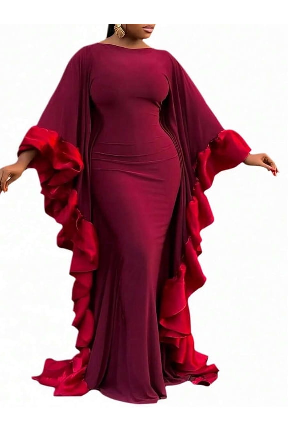 Red Long Evening Gown With Dramatic Ruffle Cape Sleeve For Special Occasions