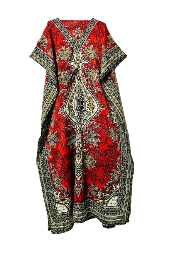 Red Long-Kaftan-dress-Hippy-Boho-Maxi-One-Women-india-caftan-Tunic--Dress-Night-Gown