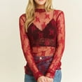 thumbnail image 1 of Red Long Sleeve Shirts for Women's 2026 Mesh Crop Top Long Sleeve Mock Neck Lace Floral See Through Y2K Shirt Blouses Fashion Clothing, 1 of 5
