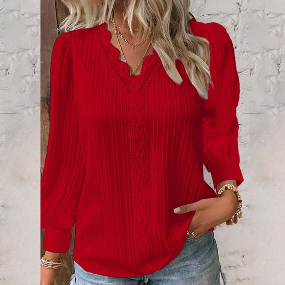 Red Long Sleeve Shirts for Womens Tops Lace Patchwork V Neck T Shirts Long Sleeves Blouse Loose Casual T Shirts Fashion Clothing