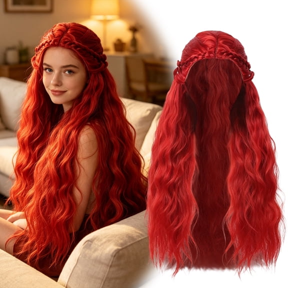 Red Long Wavy Curled Wig 28 Inch Party Cosplay Fantasy Role Play Hairpiece for Women Adult Synthetic Hair