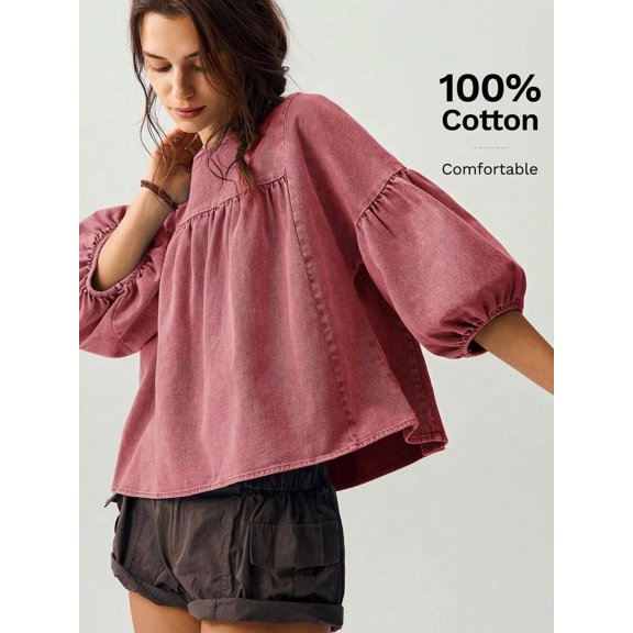 Red Loose Fit Womens Vacation Puff Sleeve Cotton Blouse With Ruched Yoke