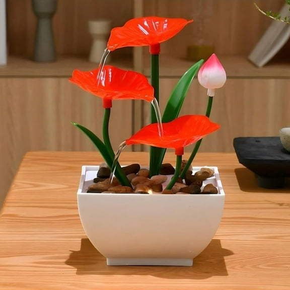 Red Lotus Leaf Desktop Fountain with Pink Flowers USB Power Indoor Waterfall Decoration for Office or Living Room Plastic Material Lightweight and Durable Nature Rock Style