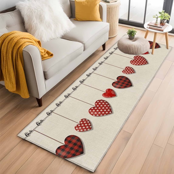 Red Love 2'x6' Runner Rugs for Hallway Kitchen Bedside Non Slip Washable, Valentine's Day Heart Red Plaid Beige Entryway Rug Runners with Rubber Backing, Long Carpet Runner for Laundry Room