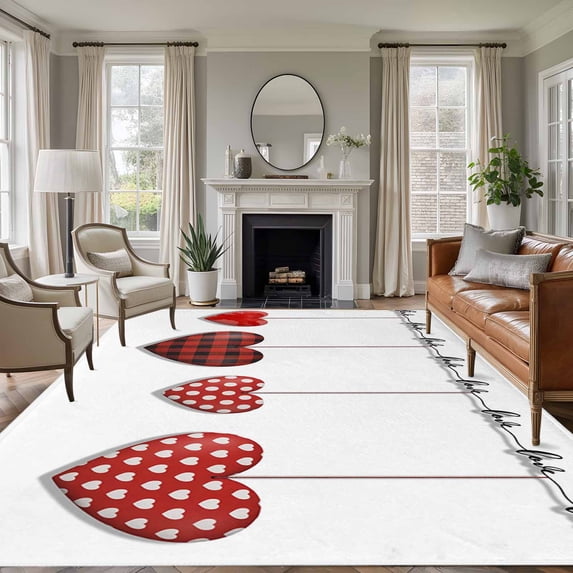 Red Love Area Rugs 6'x9', Washable Small Throw Rugs for Kitchen Dining room, Valentine's Day Heart Red Plaid Minimalist Indoor Outdoor Rug Non-Slip Low Pile Carpet Runner Reversible Floor Mats