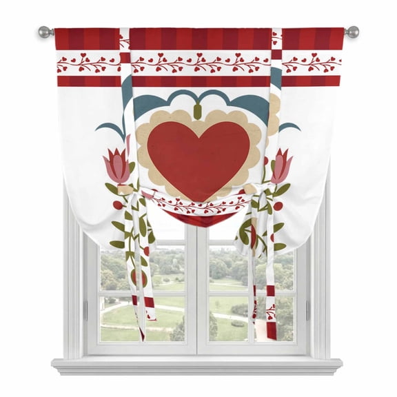 Red Love Balloon Curtains for Living Room/French Door, Valentine's Day Heart Leaves Floral Plants Tie Up Curtains 63 Inch Length Energy Saving Kitchen Curtains Shades for Windows 42"x63"