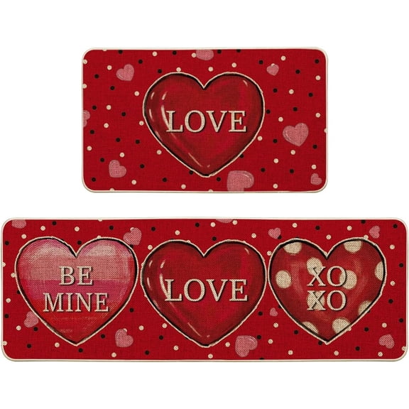 Red Love Be Mine Heart Valentine''s Day Decorative Kitchen Mats Set of 2, Home Party Low-Profile Home Kitchen Rugs - 17x29 and 17x47 Inch