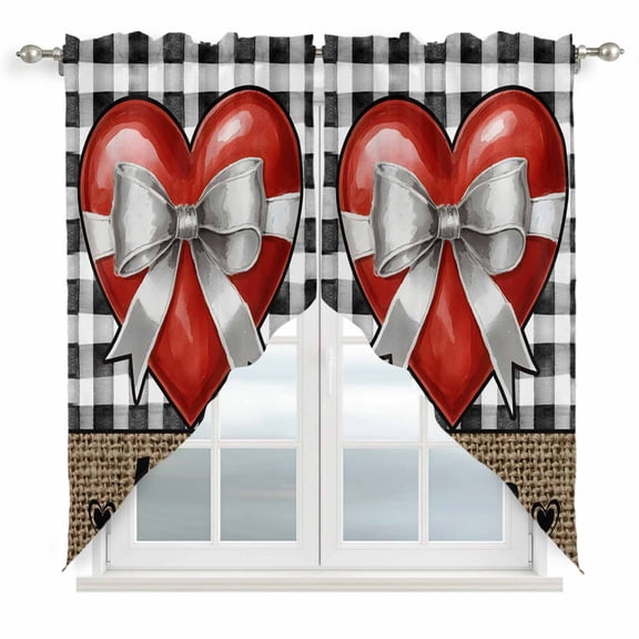 Red Love Bow Swag Curtains for Kitchen/Bedroom/Living Room, Valentine's Day Love Black White Palid Linen Scalloped Curtains 63 Inch Long, Window Swag Topper Curtains Valances 2 Panels Set 36"x63"
