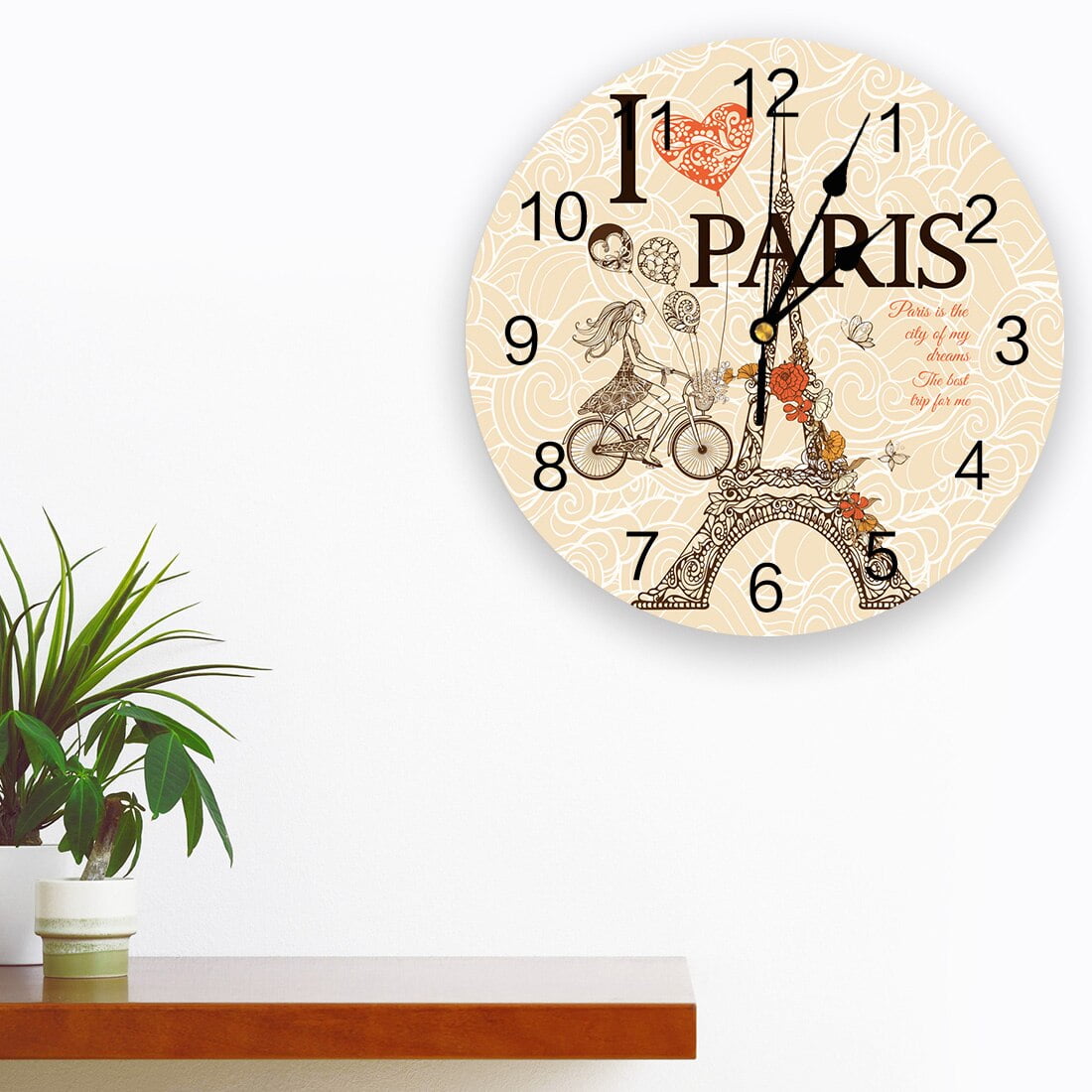 Red Love Girl Cyclist Eiffel Tower Paris Wall Clock Modern Design