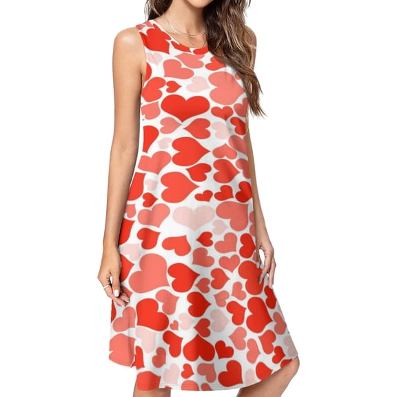 Red Love Heart Background Spring Summer Dresses for Women Fashion T-shirt Dress Casual Sleeveless Loose Sundress with Pockets