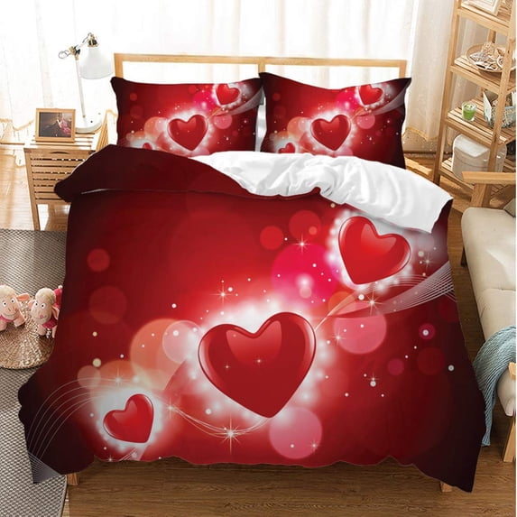 Red Love Heart Duvet Cover Set tic Theme Comforter Cover Valentine's Day Gift King Double Twin Size with Pillowcase