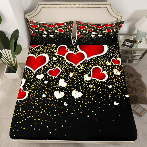 Red Love Heart Fitted Sheet Gold Sequin Print Sheets Queen Size Bed Set,Romantic Valentine's Day Bed Sheets Anniversary Gifts for Him(No Top Sheet)