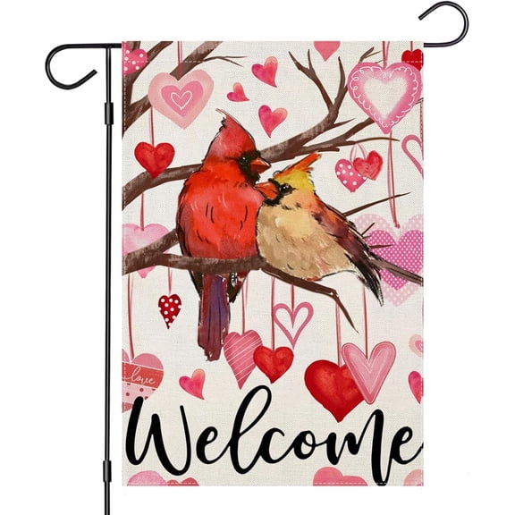 Red Love Heart Garden Flag 12x18 Double Sided, Cardinal Pattern Valentine Outdoor Holiday Yard Decoration