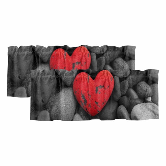 Red Love Heart Stone Curtain Valances for Windows, Kitchen Valance Window Treatments Panel 2 Pack, Mondern Abstract Art Stones Rod Pocket Short Curtains for Bathroom Bedroom 42 x 18 Inch