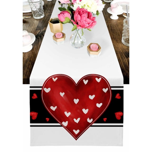 Red Love Heart Table Runner, White Love Heart Washable Cotton-linen Table Runners Dining Kitchen Decoration for Everyday Home Wedding Party Decor, 13 x 72 Inch