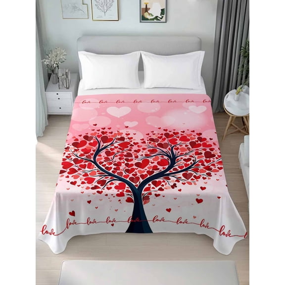 Red Love Heart Tree Valentines California King Size Flat Sheet, Wrinkleproof & Fadeproof Cooling Flat Bed Sheet Only, Romantic Pink Ombre Breathable Soft Bedding Top Sheets 108 x 98 Inches