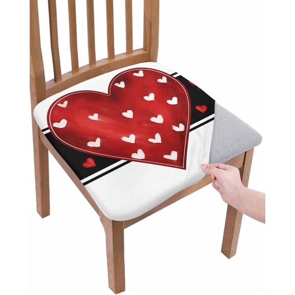 Red Love Heart Valentine Chair Seat Covers for Dining Room Stretch Chair Seat Covers Set of 2, Red Black Love Heart Chair Seat Protector Cushion Slipcovers for Kitchen Restaurant Office