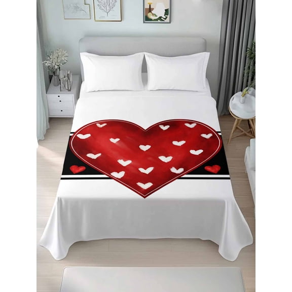 Red Love Heart Valentine Queen Size Flat Sheet, Wrinkleproof & Fadeproof Cooling Flat Bed Sheet Only, Red Black Love Heart Breathable Soft Bedding Top Sheets 90 x 102 Inches