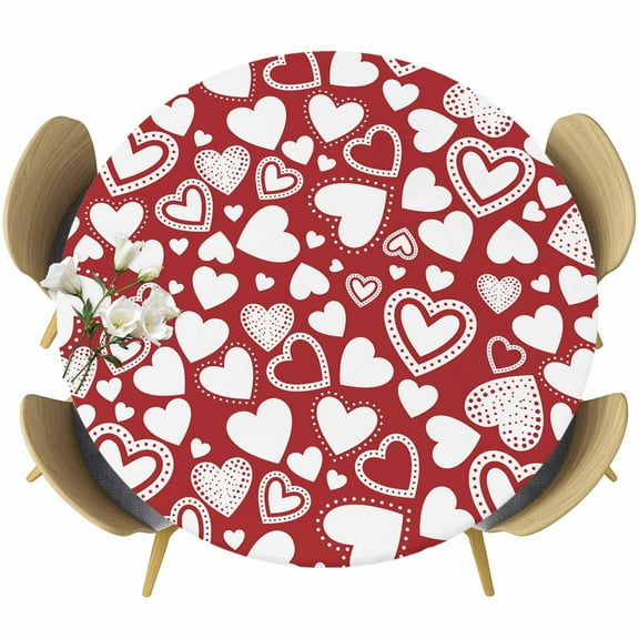 Red Love Heart Valentine Round Tablecloth 36-44 Inch Round Fitted Table Cloth with Elastic Edge, Red Love Heart Waterproof Table Cover Protector for Outdoor Picnic Party Dining