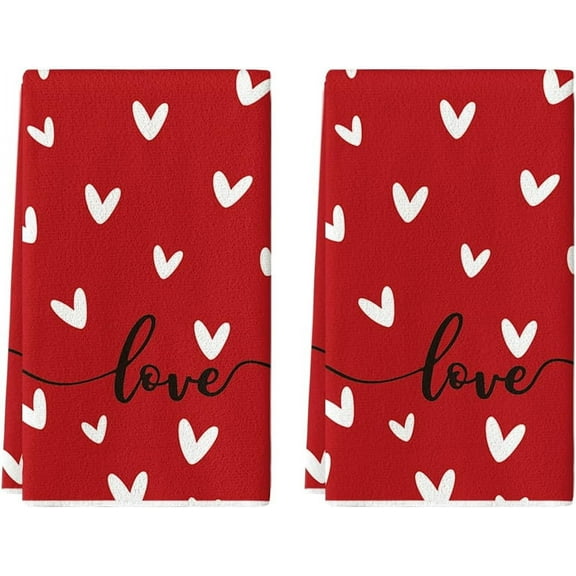 Red Love Heart Valentine''s Day Kitchen Towels Dish Towels, 18x26 Inch Wedding Farmhouse Decoration Hand Towels Set of 2