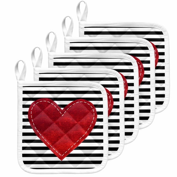 Red Love Heart Valentine's Day Pot Holders for Kitchen Heatproof Potholder, 5 Pack Black White Striped Hot Pads Multipurpose Oven Pads Cloth Potholders Trivet for Cooking Baking
