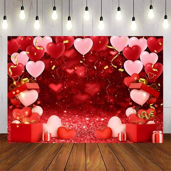 Red Love Heart Valentines Day Photography Backdrop Gold Confetti Love Heart Balloon Lover's Day Photo Background Wedding Bridal Shower Party Decor Banner Photo Studio Prop