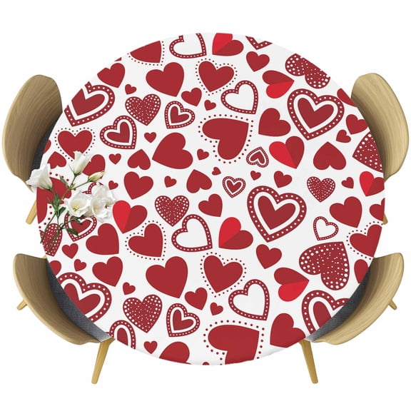 Red Love Heart Valentines Round Tablecloth 36-44 Inch Round Fitted Table Cloth with Elastic Edge, Red Love Heart Waterproof Table Cover Protector for Outdoor Picnic Party Dining
