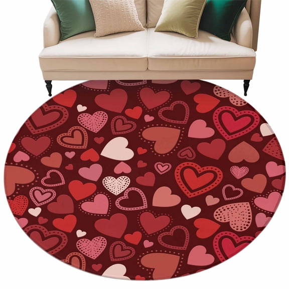 Red Love Heart Washable Round Area Rug 7 ft, Polka Dots, Soft Non Slip Rugs Stain Repellent Indoor Felt Carpet for Living Dining Room Bedroom Home Office