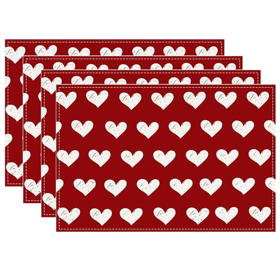 Red Love Hearts Placemats Set of 4, Valentine's Day Linen Table Mats, Seasonal Anniversary Holiday Place Mats for Party Kitchen Dining