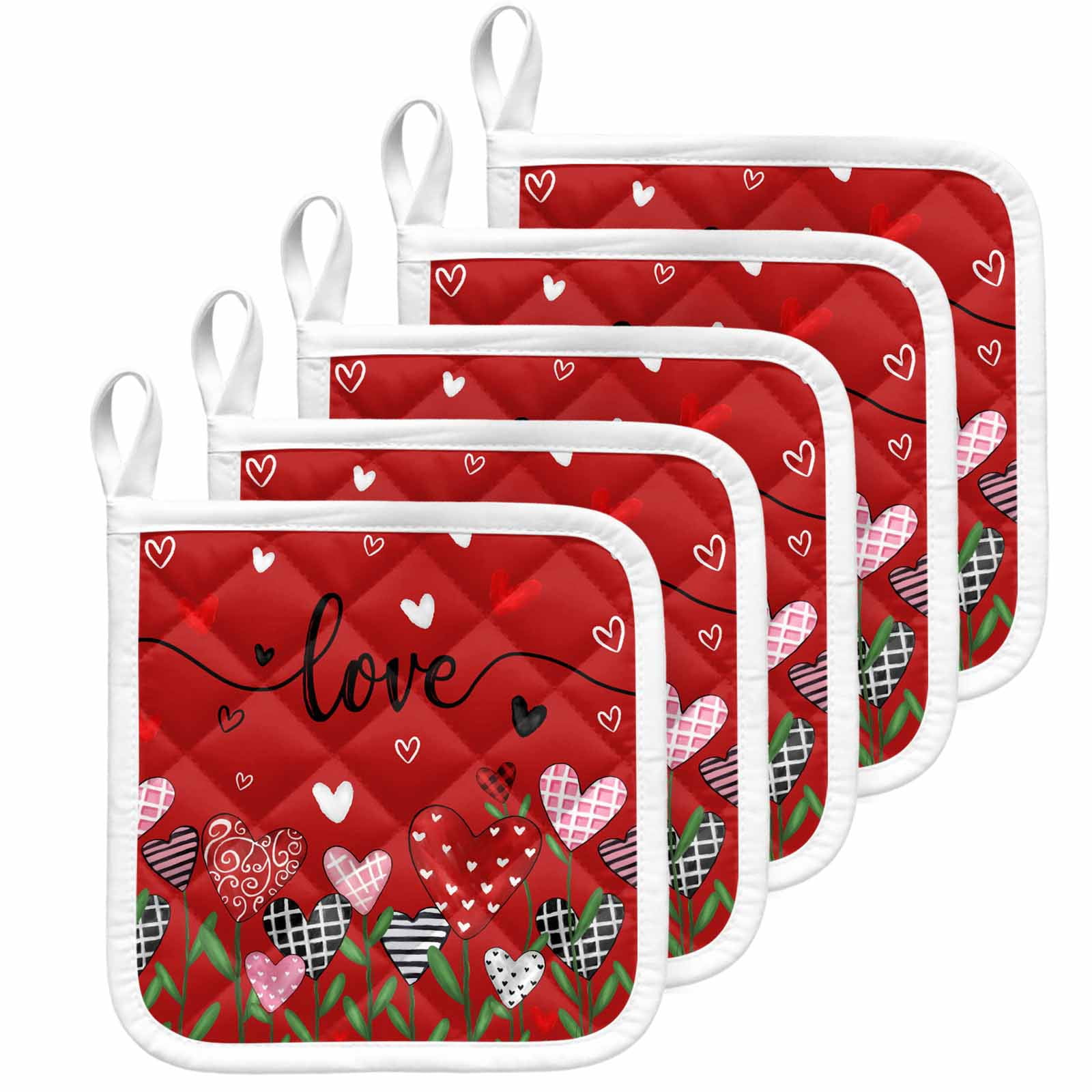 Red Love, Pot Holders for Kitchen Heatproof Potholder, 5 Pack Spring Valentine's Plant Dots Lattice Stripe Hot Pads Multipurpose Oven Pads Cloth Potholders Trivet for Cooking Baking