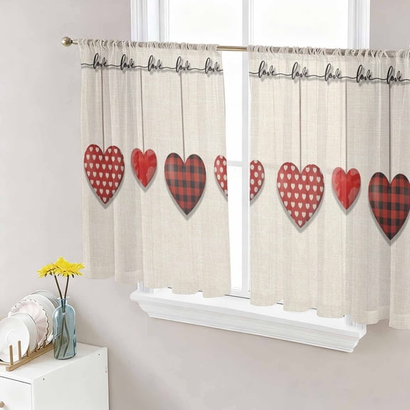 Red Love Sheer Curtains 45 Inch Length 2 Panels Set Window Treatments, Valentine's Day Heart Red Plaid Beige Rod Pocket Semi Curtains for Living Room/Bedroom/Kitchen Décor, 104"W x 45"L
