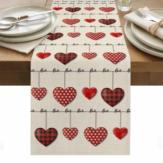 Red Love Table Runner - 48 Inch Long, Kitchen Dining Table Runner Dresser Scarves, Valentine's Day Heart Red Plaid Beige Farmhouse Decor for Coffee Tables Wedding Party Banquet