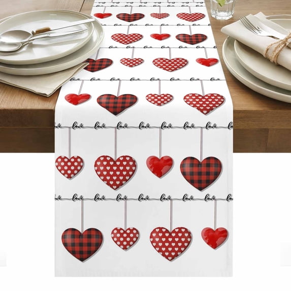 Red Love Table Runner - 70 Inch Long, Kitchen Dining Table Runner Dresser Scarves, Valentine's Day Heart Red Plaid Minimalist Farmhouse Decor for Coffee Tables Wedding Party Banquet