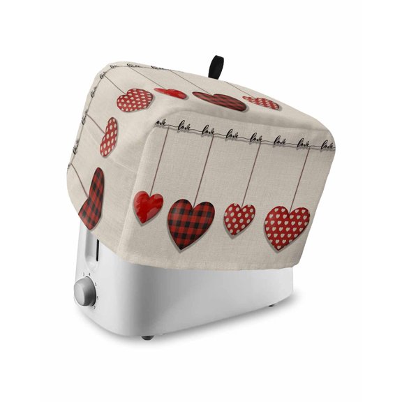 Red Love Toaster Cover 2 Slice, Small Kitchen Appliance Covers, Valentine's Day Heart Red Plaid Beige Toaster Oven Cover with Loop, Bread Machine Cover Polyester Dust Cover Protection