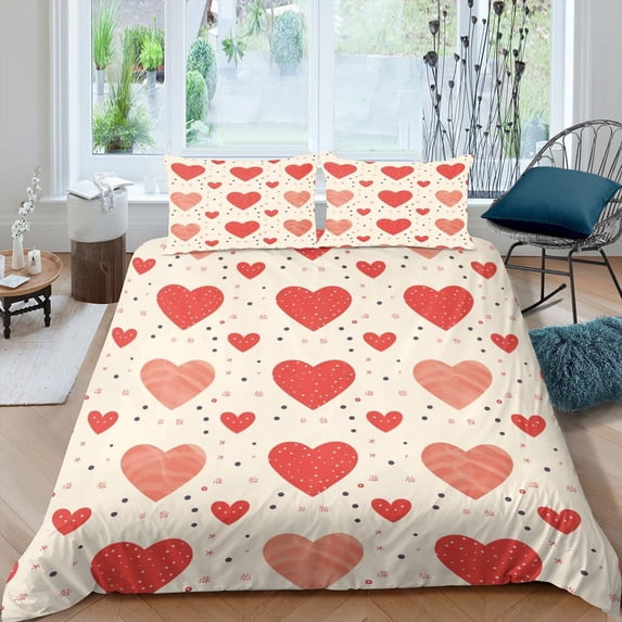 Red Love Toddler Bedding Set Heart Print Duvet Cover Snowflake Floral Print Comforter Cover Lovers Couple Romantic Theme Bed Sets with Corner Ties and 2 Pillowcases.