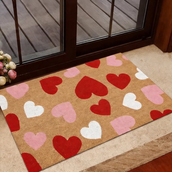 Red Love Valentine's Welcome Decorative Doormat, Seasonal Anniversary Wedding Low-Profile Rug Switch Mat for Indoor Outdoor 15.75x23.62 Inch