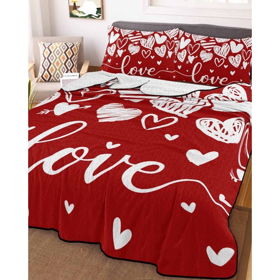 Red Love Valentines King Size Down Alternative Comforter, Lightweight Comforter Quilt Bedding Set with Pillow Shams White Love Heart All Seasons Bed Comforter Duvet Insert 96"x106"