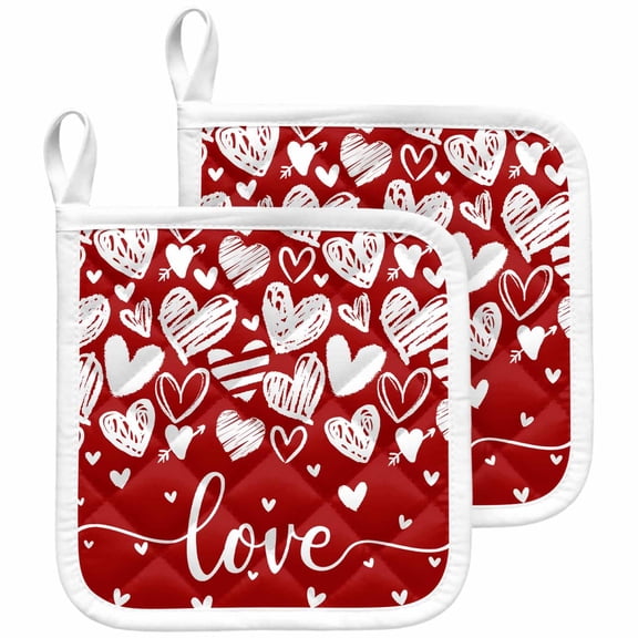 Red Love Valentines Pot Holders for Kitchen Heatproof Potholder, 2 Pack White Love Heart Hot Pads Multipurpose Oven Pads Cloth Potholders Trivet for Cooking and Baking