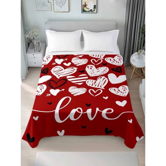 Red Love Valentines Queen Size Flat Sheet, Wrinkleproof & Fadeproof Cooling Flat Bed Sheet Only, Black White Love Heart Breathable Soft Bedding Top Sheets 90 x 102 Inches