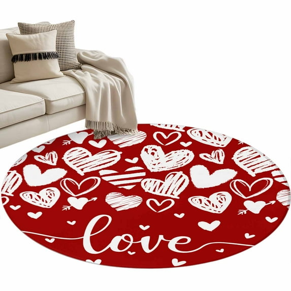Red Love Valentines Round Area Rug 4ft, White Love Heart Washable Non-Slip Circle Rugs for Bedroom Living Room Kitchen, Soft Non Shedding Circle Carpet for Dining Room Dorm