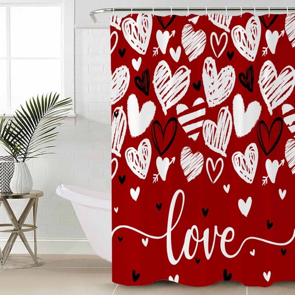 Red Love Valentines Shower Curtain Set, Waterproof Shower Curtains for Bathroom, Black White Love Heart Washable Fabric Cloth Bath Curtain for Bathtub Decoration with Hooks 54x78 Inches