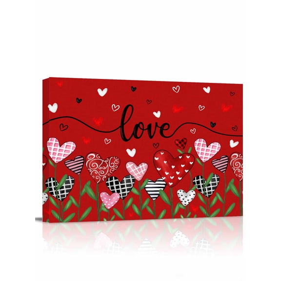 Red Love,Wall Art for Living Room,Canvas Picture Wall Decor for Bathroom Bedroom,Spring Valentine's Plant Dots Lattice Stripe Painting Artwork for Office Kitchen Hallway Dining Room Decor 12"x16"