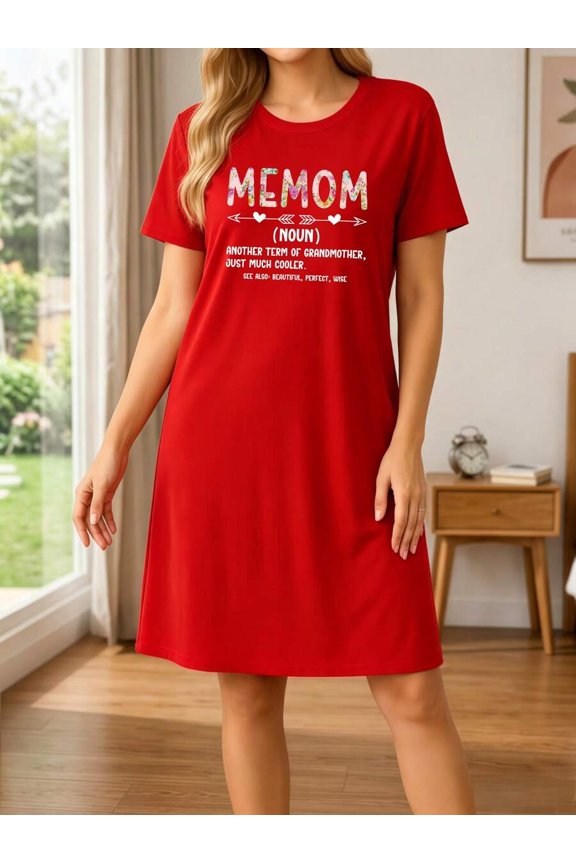 Red MEMOM Night Dress For Women – Crew Neck Sleep Dress With Floral Print Text, Knee Length, Relaxed Fit