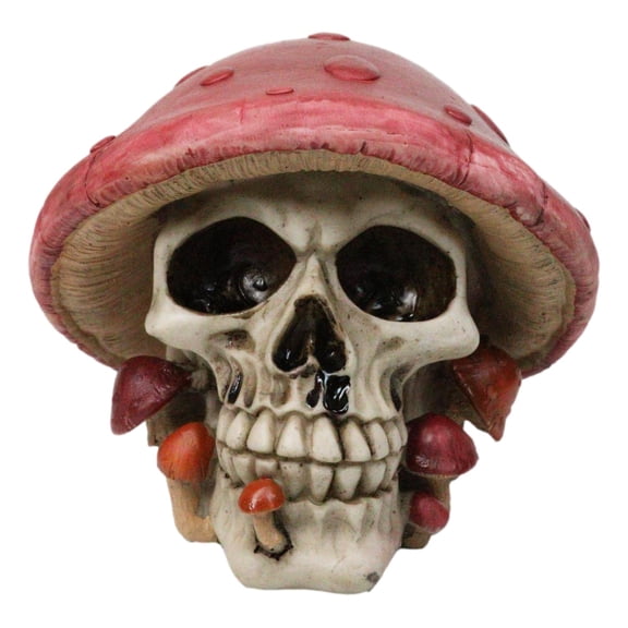 Red Macabre Toadstool Mushroom Cap Skull With Mini Fungi Figurine 5" L