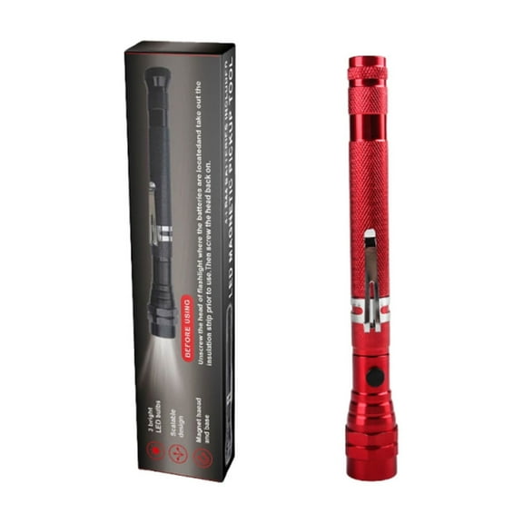 Red Magnetic Pickup Tool With Light With Telescoping Design, 360 Flexible Head And Led Flashlight For Workshop, Garage And Outdoor, 10X1X1In 0.4Lb
