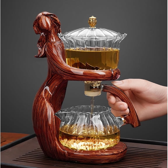 Red Maiden Sculptural Glass Drip Teapot Set With Wooden Figure Base