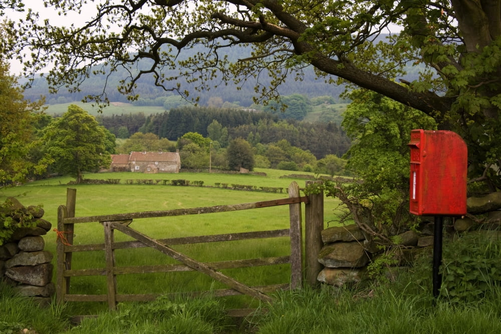 Red Mailbox In Rural Setting North Yorkshire England Uk Canvas Art - John Short  Design Pics (34 x 22)