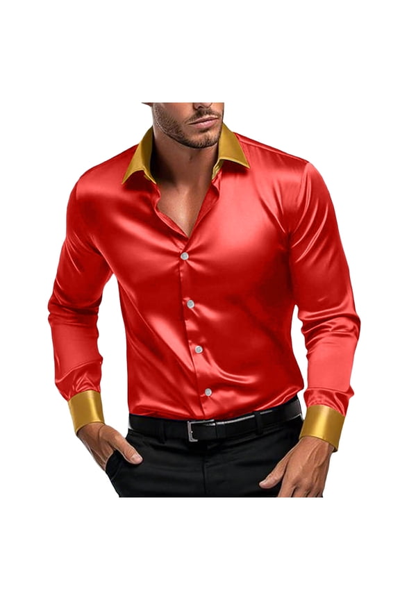 Red Man Hippy Vintage Tops Blouses for Man Long Sleeve Collared Turtleneck Neck Faux Silk Formal Prom Party Evening Gowns Casual Summer Fall Shirts 2026 L