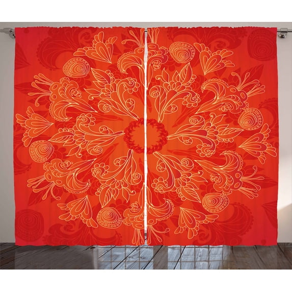 Ambesonne Mandala Curtains 2 Panel Set, Vibrant Colored Doodle Art, 108" x 96", Scarlet Orange